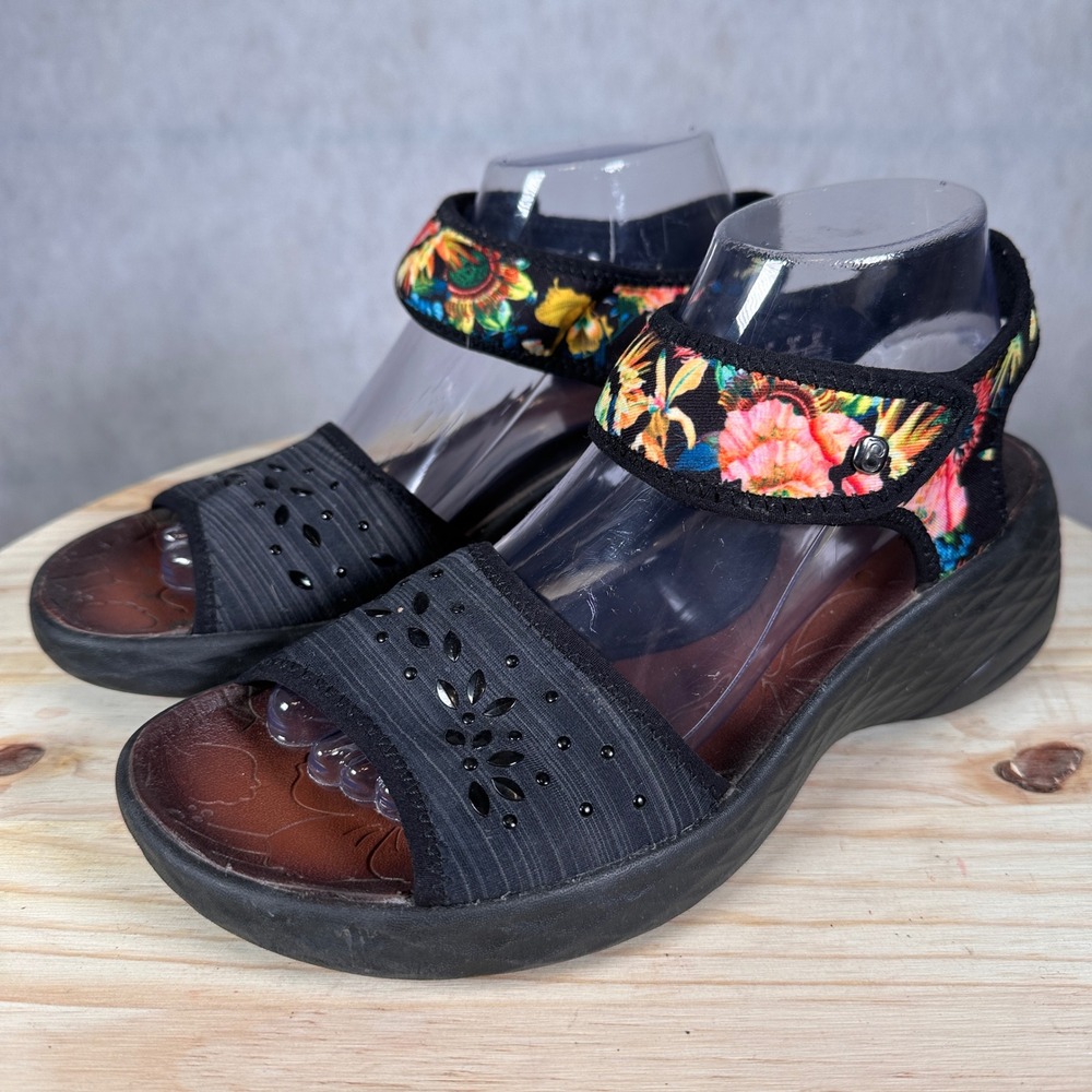 BZees Jemma Sandals Womens 9 Black Floral Wedge Platform Comfort Good Condition